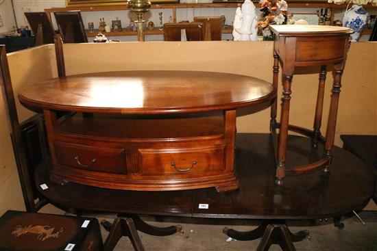 Cherrywood demi-lune side table and a similar oval coffee table with undertier(-)